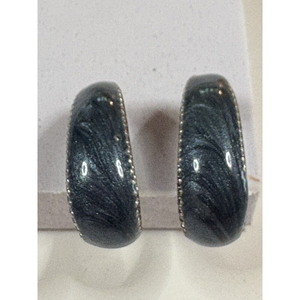 Marbled Dark Green Enamel Gold Tone Half Hoop Earrings